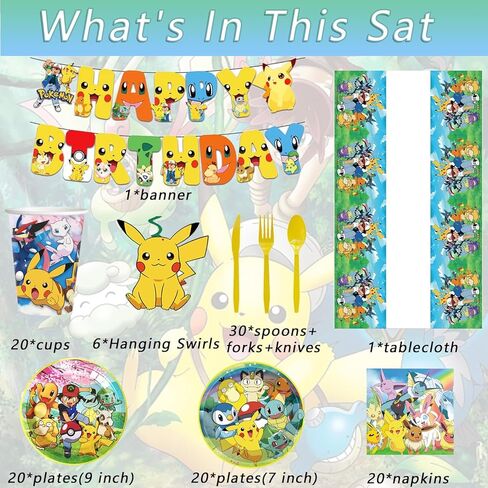 118 Pcs anime Birthday Party Supplies Set, anime Theme: 1Banner, 20Cups, 6Hanging Swirls, 30(Spoons+Forks+Knives), 1Tablecloth, 20Plates(9 inch), 20Plates(7 inch), 20Napkins in Kuwait