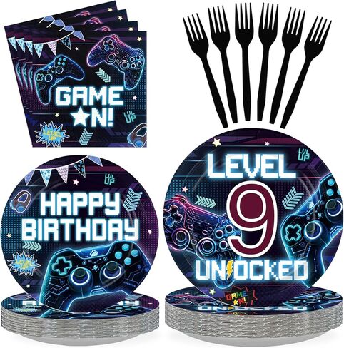 96 Pcs Video Game 9th Birthday Party Decoration Level 9 Happy Birthday Plates and Napkins Blue Neon Game On Theme Tableware Set for Boys 9 Years Old Party Supplies, Serves 24 in Kuwait