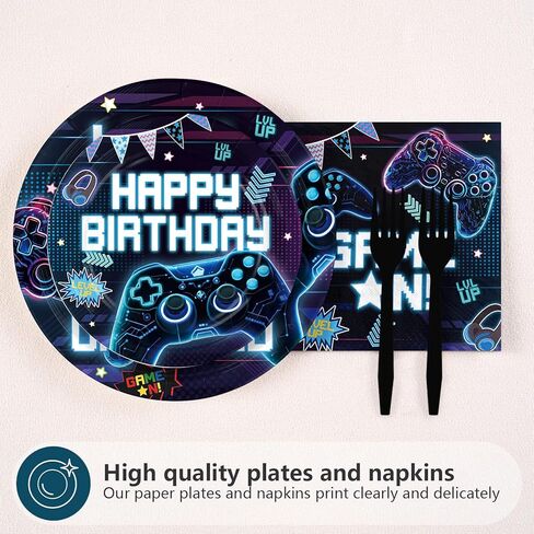 96 Pcs Video Game 9th Birthday Party Decoration Level 9 Happy Birthday Plates and Napkins Blue Neon Game On Theme Tableware Set for Boys 9 Years Old Party Supplies, Serves 24 in Kuwait