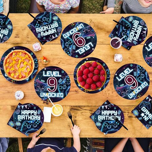 96 Pcs Video Game 9th Birthday Party Decoration Level 9 Happy Birthday Plates and Napkins Blue Neon Game On Theme Tableware Set for Boys 9 Years Old Party Supplies, Serves 24 in Kuwait