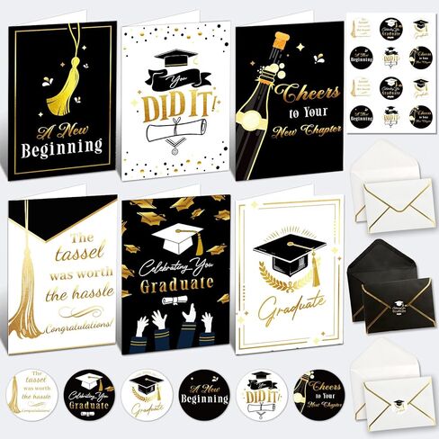 12 Pack Gold Foil Graduation Cards 5 x 7 in with Envelopes and Sticker Seals, 6 Elegant Designs with Printed Messages Inside, Congrats Cards for High School & College Graduates, Gifting and Mailing in Saudi Arabia