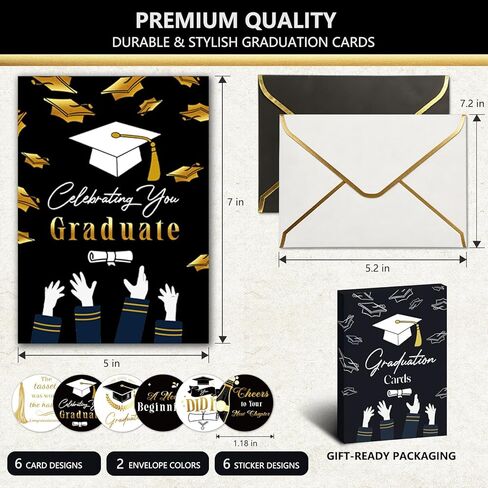 12 Pack Gold Foil Graduation Cards 5 x 7 in with Envelopes and Sticker Seals, 6 Elegant Designs with Printed Messages Inside, Congrats Cards for High School & College Graduates, Gifting and Mailing in Saudi Arabia