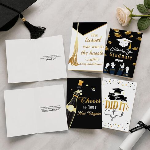12 Pack Gold Foil Graduation Cards 5 x 7 in with Envelopes and Sticker Seals, 6 Elegant Designs with Printed Messages Inside, Congrats Cards for High School & College Graduates, Gifting and Mailing in Saudi Arabia