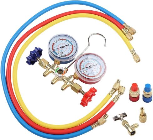 Manifold Gauge Set R410A R404A R134A, AC Diagnostic Tool Kit with 3 Hoses, Brass Valve & Hooks Auto Home Refrigeration Repair(A) in Kuwait