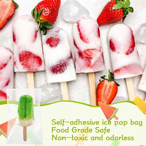 Patelai 400 Pcs Ice Cream Sticks and Bags Set Include 300 Self Adhesive Clear Ice Pop Plastic Bags and 100 Disposable Wooden Sticks Craft Stick for DIY Making Supply, 4.49 Inch,8.27 x3.2inch in Kuwait