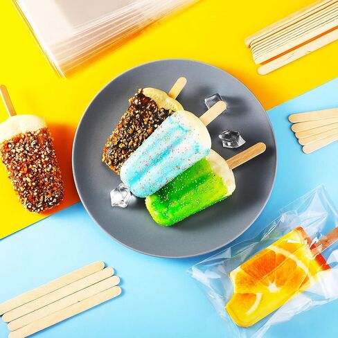 Patelai 400 Pcs Ice Cream Sticks and Bags Set Include 300 Self Adhesive Clear Ice Pop Plastic Bags and 100 Disposable Wooden Sticks Craft Stick for DIY Making Supply, 4.49 Inch,8.27 x3.2inch in Kuwait