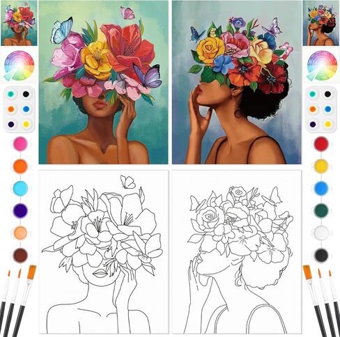 Ctosree 2 Pack Paint and Sip Kit for Adults Pre-Drawn Canvas for Painting Women 8" x 10" Stretched Pre Printed Canvas for Date Night Girls Night Party Gifts(Flower Girl) in Kuwait