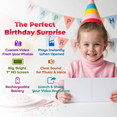 Custom Slideshow Birthday Card for Girls – Upload Photos – Personal Video Gift for Kids – 7" LCD Digital Screen, 8GB, Rechargeable, Full Color Video Album in Kuwait