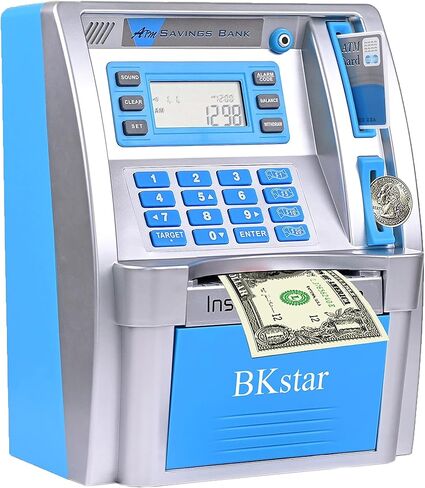 BKstar ATM Piggy Bank للأطفال - بنك المال الإلكتروني الناطق مع بطاقات السحب الآلي وعداد العملات الرقمية للنقود الحقيقية، الأولاد والبنات in Kuwait
