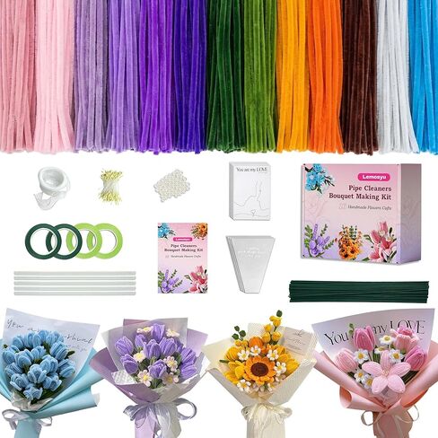 Lemosyu 850PCS Pipe Cleaner Flower Kit, 13 Colors Thick Chenille Stems (8mm) with Manual & Video Tutorial for DIY Bouquets, Party Decor & Heartwarming Gifts in Kuwait