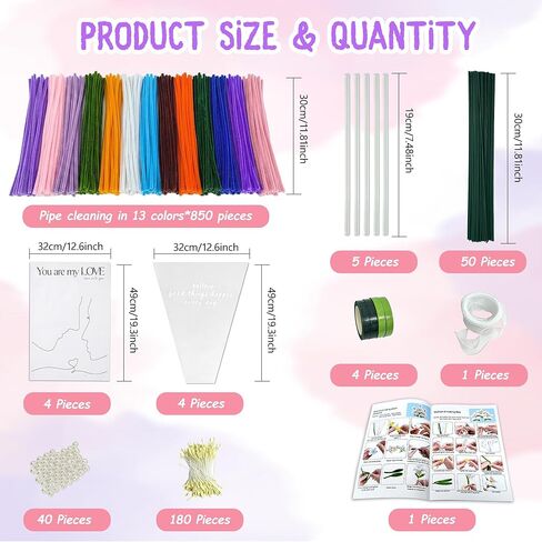 Lemosyu 850PCS Pipe Cleaner Flower Kit, 13 Colors Thick Chenille Stems (8mm) with Manual & Video Tutorial for DIY Bouquets, Party Decor & Heartwarming Gifts in Kuwait