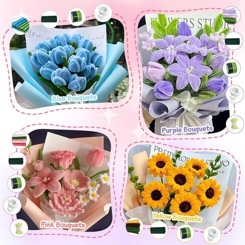 Lemosyu 850PCS Pipe Cleaner Flower Kit, 13 Colors Thick Chenille Stems (8mm) with Manual & Video Tutorial for DIY Bouquets, Party Decor & Heartwarming Gifts in Kuwait