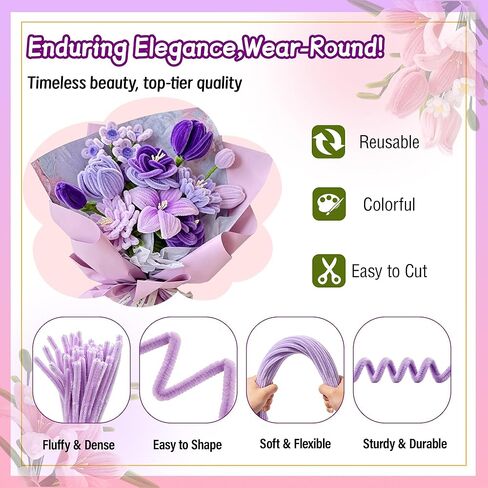 Lemosyu 850PCS Pipe Cleaner Flower Kit, 13 Colors Thick Chenille Stems (8mm) with Manual & Video Tutorial for DIY Bouquets, Party Decor & Heartwarming Gifts in Kuwait