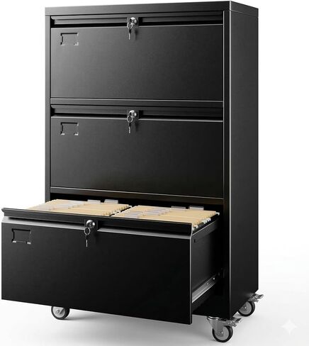 Aobabo 3 Drawer Lateral File Cabinet with Wheels, Lockable Metal Filing Cabinet for Home Office, Legal/Letter Size,Black,Required Assembled,15.87" D x 28.94" W x47.63 H in Kuwait