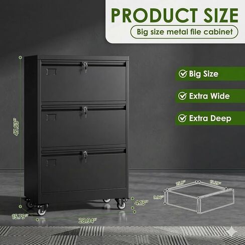 Aobabo 3 Drawer Lateral File Cabinet with Wheels, Lockable Metal Filing Cabinet for Home Office, Legal/Letter Size,Black,Required Assembled,15.87" D x 28.94" W x47.63 H in Kuwait