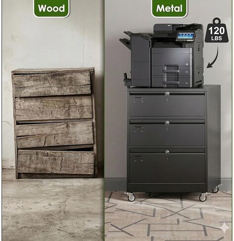 Aobabo 3 Drawer Lateral File Cabinet with Wheels, Lockable Metal Filing Cabinet for Home Office, Legal/Letter Size,Black,Required Assembled,15.87" D x 28.94" W x47.63 H in Kuwait