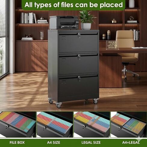 Aobabo 3 Drawer Lateral File Cabinet with Wheels, Lockable Metal Filing Cabinet for Home Office, Legal/Letter Size,Black,Required Assembled,15.87" D x 28.94" W x47.63 H in Kuwait