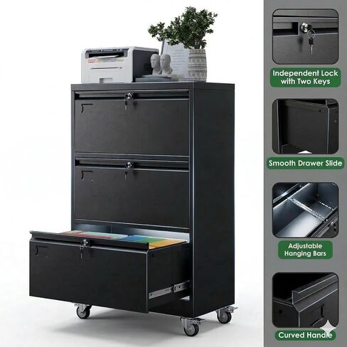 Aobabo 3 Drawer Lateral File Cabinet with Wheels, Lockable Metal Filing Cabinet for Home Office, Legal/Letter Size,Black,Required Assembled,15.87" D x 28.94" W x47.63 H in Kuwait