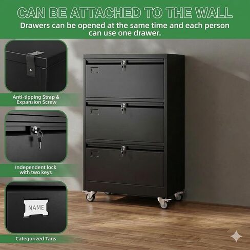 Aobabo 3 Drawer Lateral File Cabinet with Wheels, Lockable Metal Filing Cabinet for Home Office, Legal/Letter Size,Black,Required Assembled,15.87" D x 28.94" W x47.63 H in Kuwait