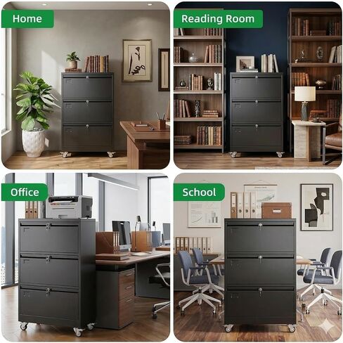 Aobabo 3 Drawer Lateral File Cabinet with Wheels, Lockable Metal Filing Cabinet for Home Office, Legal/Letter Size,Black,Required Assembled,15.87" D x 28.94" W x47.63 H in Kuwait