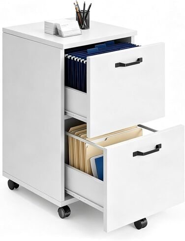 2 Drawer File Cabinet with Lockable Wheels, Rolling Filing Cabinet for Home Office, Wooden Mobile File Cabinet with Printer Stand, Under Desk Storage Organizer, White in Kuwait