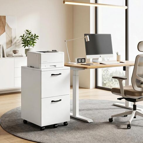 2 Drawer File Cabinet with Lockable Wheels, Rolling Filing Cabinet for Home Office, Wooden Mobile File Cabinet with Printer Stand, Under Desk Storage Organizer, White in Kuwait