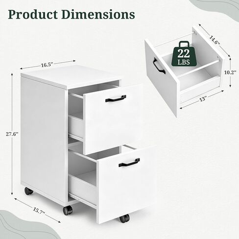 2 Drawer File Cabinet with Lockable Wheels, Rolling Filing Cabinet for Home Office, Wooden Mobile File Cabinet with Printer Stand, Under Desk Storage Organizer, White in Kuwait