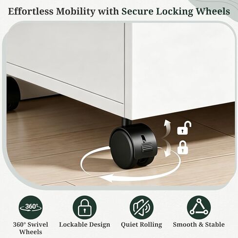2 Drawer File Cabinet with Lockable Wheels, Rolling Filing Cabinet for Home Office, Wooden Mobile File Cabinet with Printer Stand, Under Desk Storage Organizer, White in Kuwait