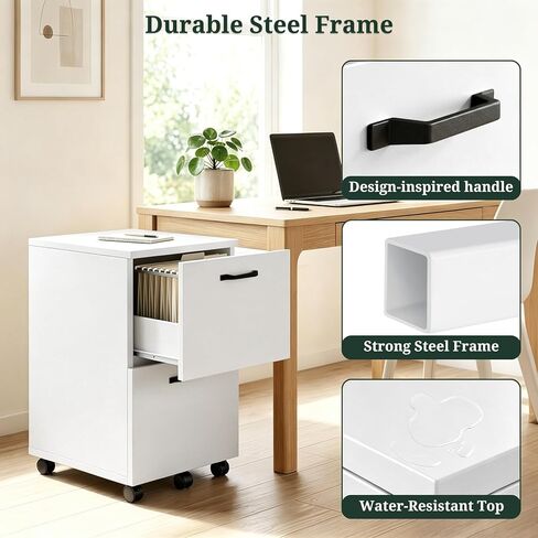 2 Drawer File Cabinet with Lockable Wheels, Rolling Filing Cabinet for Home Office, Wooden Mobile File Cabinet with Printer Stand, Under Desk Storage Organizer, White in Kuwait