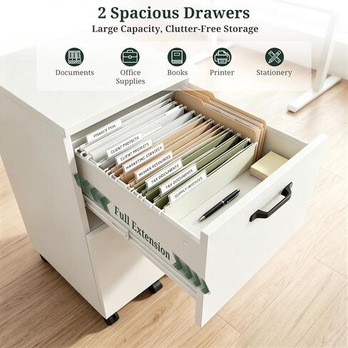 2 Drawer File Cabinet with Lockable Wheels, Rolling Filing Cabinet for Home Office, Wooden Mobile File Cabinet with Printer Stand, Under Desk Storage Organizer, White in Kuwait