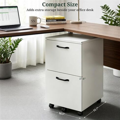 2 Drawer File Cabinet with Lockable Wheels, Rolling Filing Cabinet for Home Office, Wooden Mobile File Cabinet with Printer Stand, Under Desk Storage Organizer, White in Kuwait