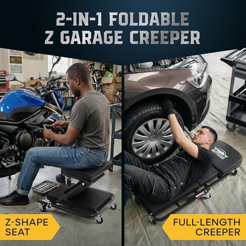 Creepers Automotive Mechanic Creeper Seat & Under Car Roller, 300lb Heavy Duty Foldable Garage Creeper with 360° Swivel Wheels, Magnetic Wristband, Low Profile Black Car Creeper for Mechanics in Kuwait