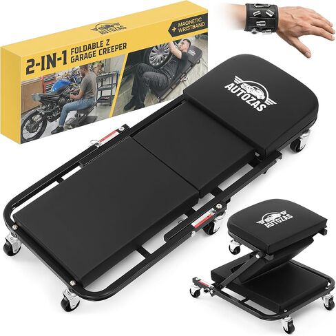 Creepers Automotive Mechanic Creeper Seat & Under Car Roller, 300lb Heavy Duty Foldable Garage Creeper with 360° Swivel Wheels, Magnetic Wristband, Low Profile Black Car Creeper for Mechanics in Kuwait
