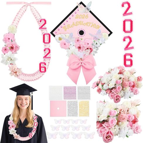 Dunzoom 100 جهاز كمبيوتر شخصى DIY الوردي التخرج Leis وقبعة الزينة عدة 55 ''مزدوج مضفر التخرج الشريط Lei زهرة اصطناعية 3D فراشة بريق ورقة غراد قبعة توبر ملحق ل 2026 غراد in Kuwait