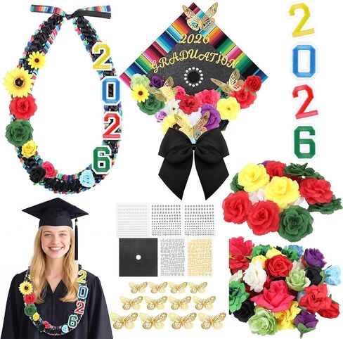 Dunzoom 100 Pcs DIY Pink Graduation Leis and Cap Decorations Kit 55''Double Braided Graduation Ribbon Lei Artificial Flower 3D Butterfly Glitter Paper Grad Cap Topper Accessory for 2026 Grad in Kuwait