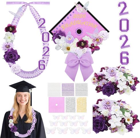 Dunzoom 100 Pcs DIY Pink Graduation Leis and Cap Decorations Kit 55''Double Braided Graduation Ribbon Lei Artificial Flower 3D Butterfly Glitter Paper Grad Cap Topper Accessory for 2026 Grad in Kuwait