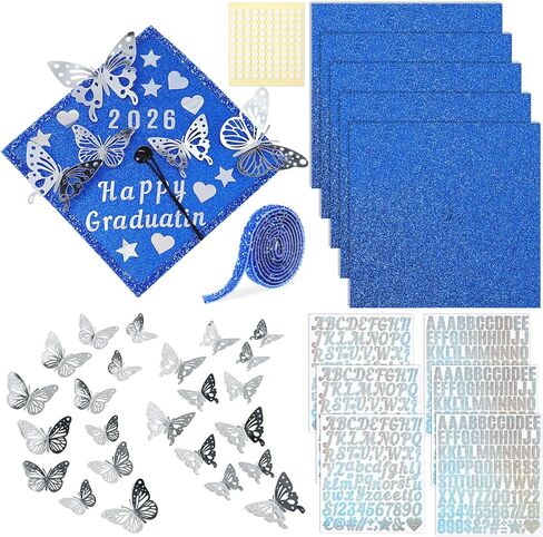 Wavwavw 37 Pcs DIY Graduation Cap Decorations Kit, Glitter Papers, 3D Butterfly Self Adhesive Rhinestones Stickers Alphabet Letter Stickers for 2026 Grad Hat Decor Party Supplies (Light Pink) in Kuwait