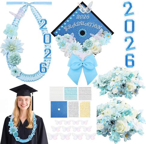 Dunzoom 100 Pcs DIY Pink Graduation Leis and Cap Decorations Kit 55''Double Braided Graduation Ribbon Lei Artificial Flower 3D Butterfly Glitter Paper Grad Cap Topper Accessory for 2026 Grad in Kuwait