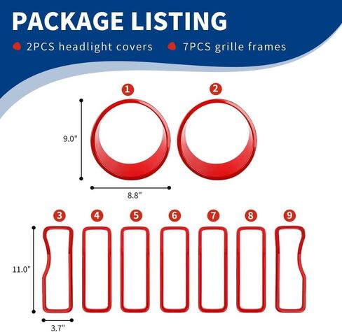9PCS Front Grille Inserts & Headlight Cover Compatible with (2024-2026) Jeep Wrangler JL/Gladiator JT, Not For Sport, Sport S and Mojave (Red, 2024+ JL/JT) in Kuwait
