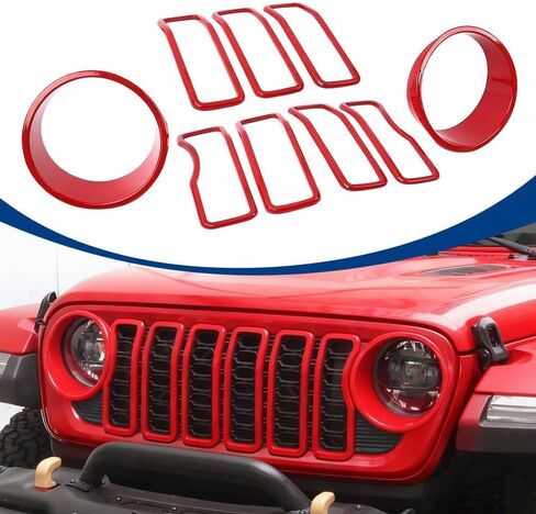 9PCS Front Grille Inserts & Headlight Cover Compatible with (2024-2026) Jeep Wrangler JL/Gladiator JT, Not For Sport, Sport S and Mojave (Red, 2024+ JL/JT) in Kuwait