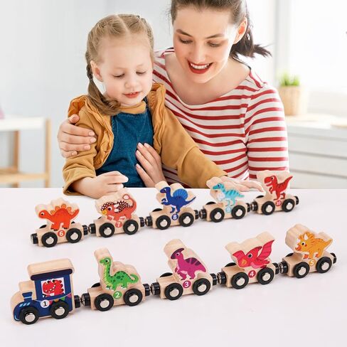 Magnetic Wooden Dinosaur Train Set, 11 Piece Montessori Toys for Toddlers, Preschool Educational Material for Kids, Birthday Gifts for Boys and Girls in Kuwait