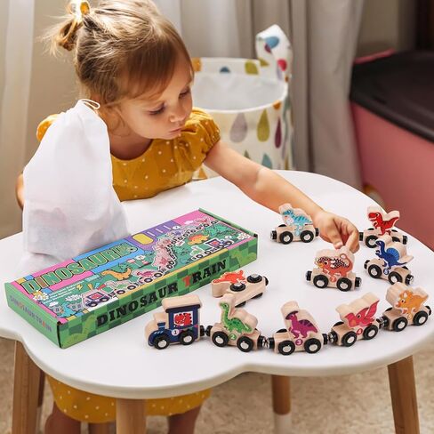 Magnetic Wooden Dinosaur Train Set, 11 Piece Montessori Toys for Toddlers, Preschool Educational Material for Kids, Birthday Gifts for Boys and Girls in Kuwait