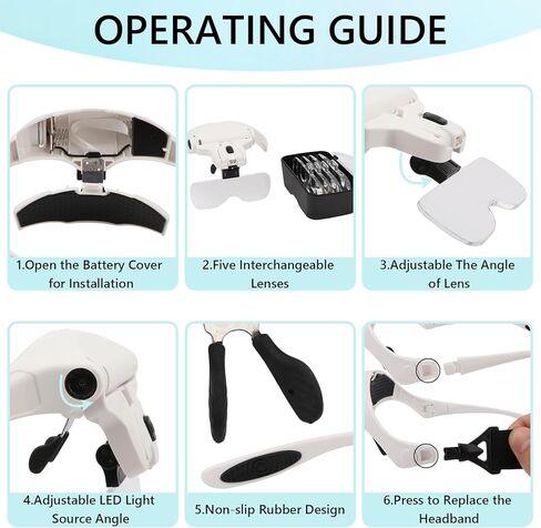 Magnifying Glasses with Light Headband Magnifier with 5 Detachable Lenses Magnifying Headband Bracket and Headband are Interchangeable for Close Work Reading, Craft, Needlework in Kuwait