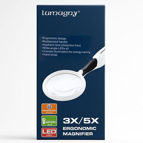 المكبر شبه الكروي المزدوج | عدسة 3x و5x | ضوء LED ثنائي الاتجاه | قبضة ومقبض مريح | التصميم الحديث | قطر 3½ بوصة (8.9 سم). in Kuwait