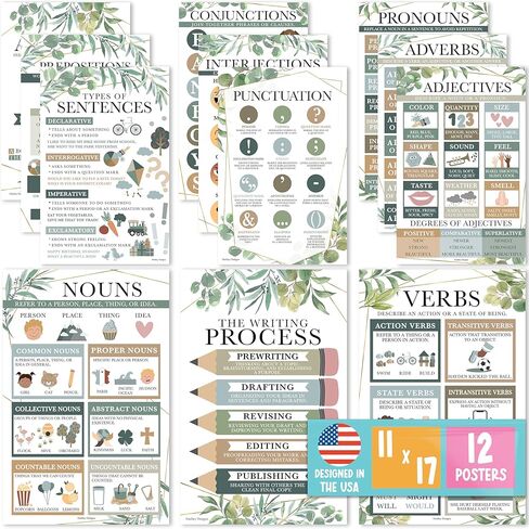 Hadley Designs 12 Greenery Parts of Speech Posters for Elementary Posters for Language Arts - Grammar Posters for Classroom Elementary Classroom Must Haves in Saudi Arabia