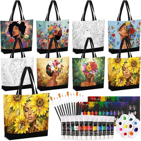 Shinylin 8 Set Pre Drawn Canvas Bags Set Paint and Sip Kit for Adults Flower Painting DIY Tote Bags Acrylic Paint Kit with Brushes Palette for Painting Gift Women in Kuwait