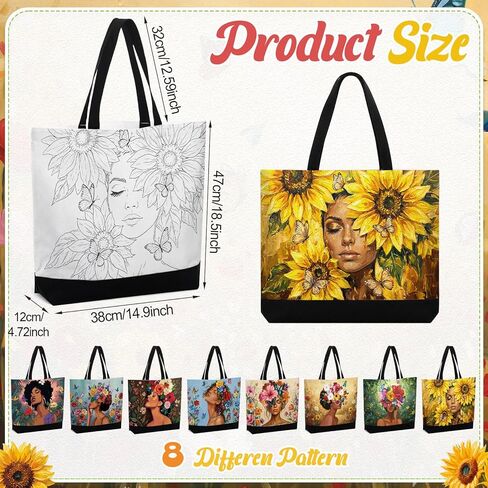 Shinylin 8 Set Pre Drawn Canvas Bags Set Paint and Sip Kit for Adults Flower Painting DIY Tote Bags Acrylic Paint Kit with Brushes Palette for Painting Gift Women in Kuwait