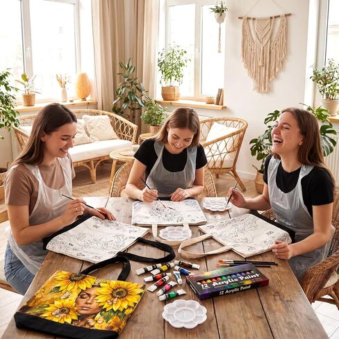 Shinylin 8 Set Pre Drawn Canvas Bags Set Paint and Sip Kit for Adults Flower Painting DIY Tote Bags Acrylic Paint Kit with Brushes Palette for Painting Gift Women in Kuwait