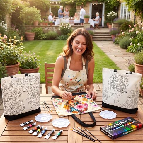 Shinylin 8 Set Pre Drawn Canvas Bags Set Paint and Sip Kit for Adults Flower Painting DIY Tote Bags Acrylic Paint Kit with Brushes Palette for Painting Gift Women in Kuwait