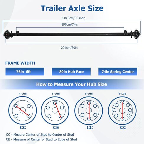 WFLNHB 3500 lbs Trailer Axle 5-Hole-4.5 89 Hub Face 74, Straight Steel Axle Tube, U-Bolt Kit in Kuwait